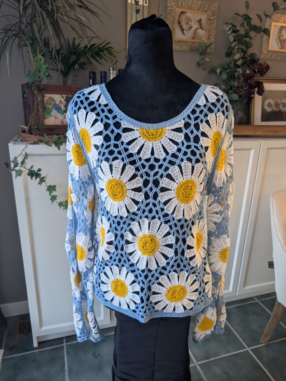 Light Blue Crochet Daisy Scoop Neck Sweater with Yellow Centers